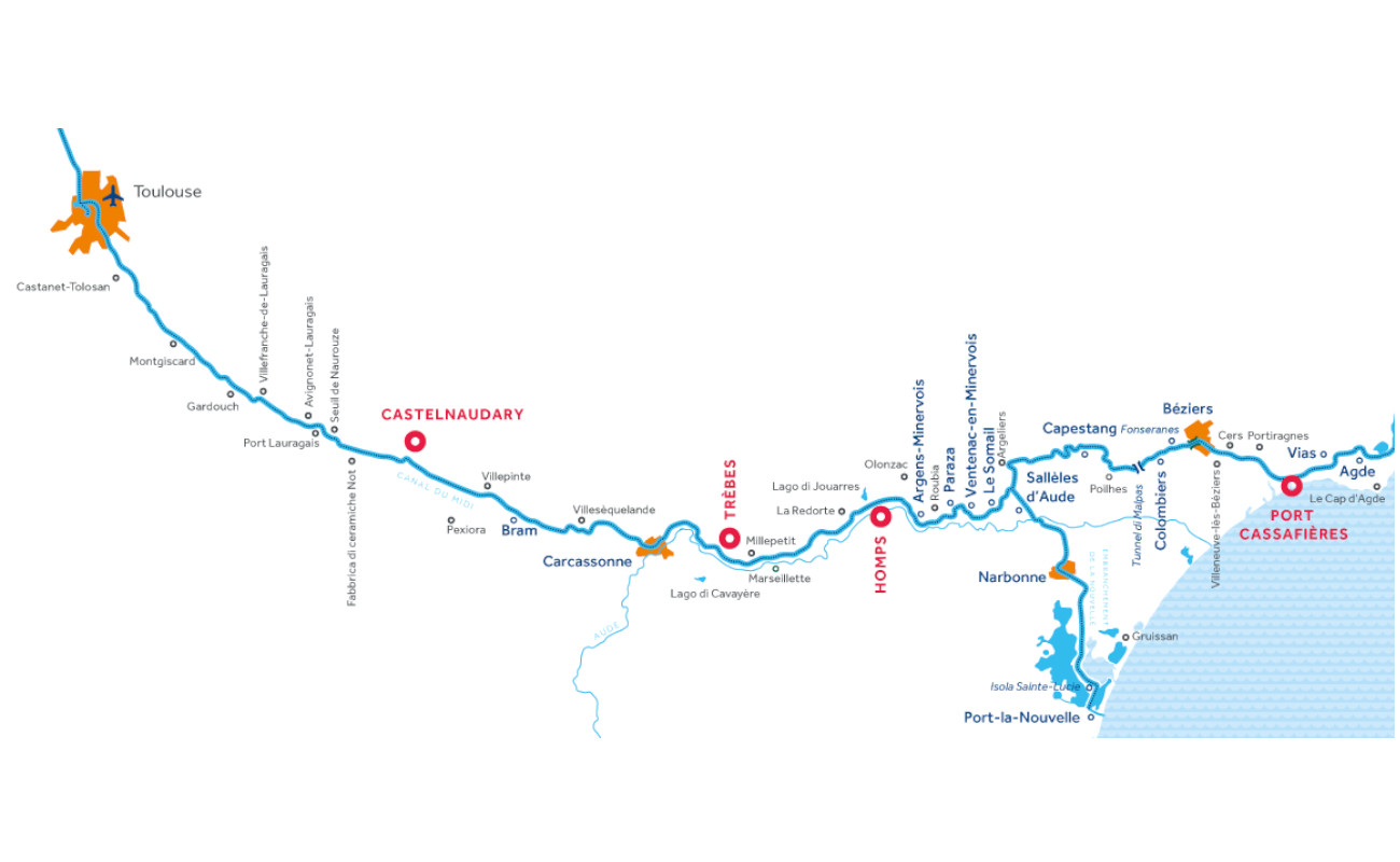 mapa canal del midi trebes barco de alquiler Port Cassafières
